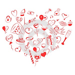 Hand Drawn Set of Valentine`s Day Symbols. Children`s Funny Doodle Drawings of Red Hearts, Gifts, Rings, Balloons Arranged in a sh