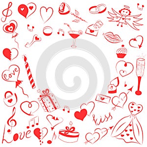 Hand Drawn Set of Valentines Day Symbols. Children`s Funny Doodle Drawings of Red Hearts, Gifts, Rings, Balloons and Candle.