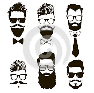 Hand drawn set of vector bearded men faces, hipsters with different haircuts, mustaches, beards, sunglasses.