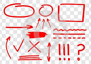 Hand drawn set of vector red marks, arrows, ingles, lines, amendments and corrections. Red marker line