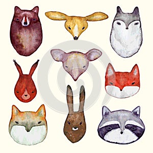 Hand drawn set of vector wild animal heads. Watercolor stickers. Bear, fox, wolf, mouse, hare, squirrel, raccoon illustration