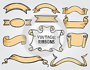 Hand drawn set of vintage banners and ribbons