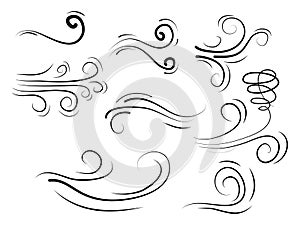 Hand drawn set wind doodle blow, gust