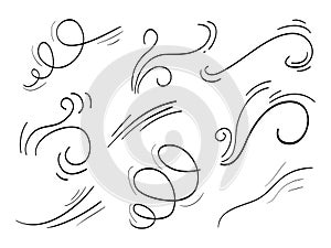 Hand drawn set wind doodle blow, gust