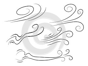 Hand drawn set wind doodle blow, gust