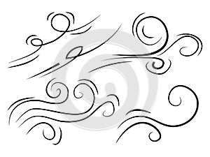 Hand drawn set wind doodle blow, gust