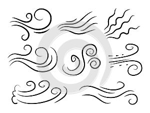 Hand drawn set wind doodle blow, gust