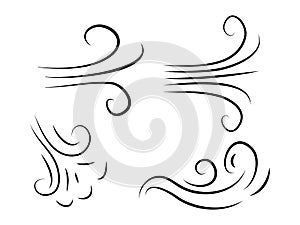 Hand drawn set wind doodle blow, gust design isolated on white background