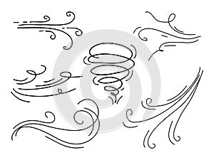 Hand drawn set wind doodle blow, gust design isolated on white background