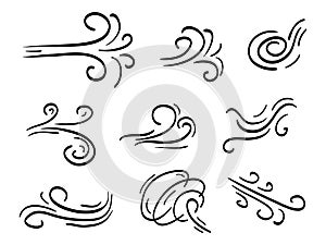 Hand drawn set wind doodle blow, gust design isolated on white background