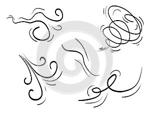 Hand drawn set wind doodle blow, gust design isolated on white background