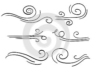 Hand drawn set wind doodle blow, gust design isolated on white background