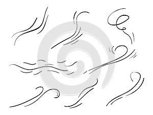 Hand drawn set wind doodle blow, gust design isolated on white background