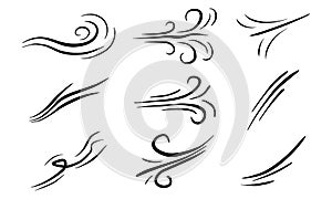 Hand drawn set wind doodle blow, gust design isolated on white background