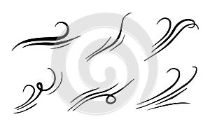 Hand drawn set wind doodle blow, gust design isolated on white background