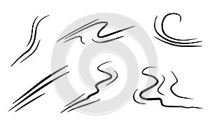 Hand drawn set wind doodle blow, gust design isolated on white background