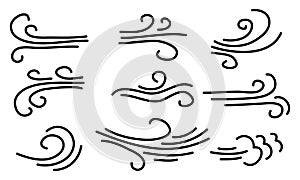 Hand drawn set wind doodle blow, gust design isolated on white background