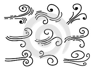 Hand drawn set wind doodle blow, gust design isolated on white background