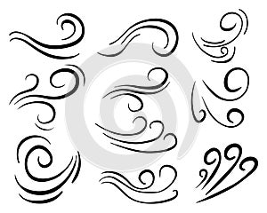 Hand drawn set wind doodle blow, gust design isolated on white background