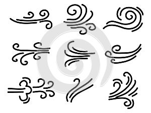Hand drawn set wind doodle blow, gust. design isolated on white background