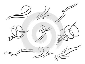 Hand drawn set wind doodle blow, gust design isolated on white background