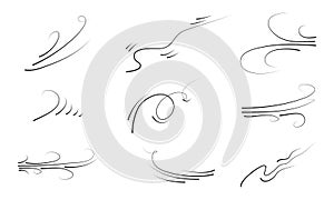 Hand drawn set wind doodle blow, gust design isolated on white background