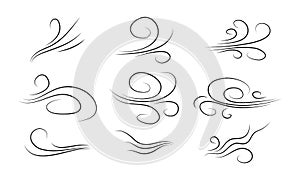 Hand drawn set wind doodle blow, gust design isolated on white background