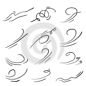 Hand drawn set wind doodle blow, gust design isolated on white background