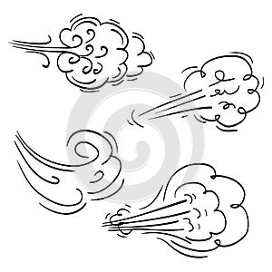 Hand drawn set wind doodle blow, gust design isolated on white background