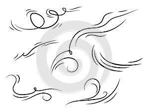 Hand drawn set wind doodle blow, gust design isolated on white background