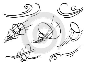 Hand drawn set wind doodle blow, gust design isolated on white background