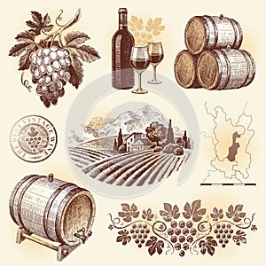 Hand drawn set - wine & winemaking
