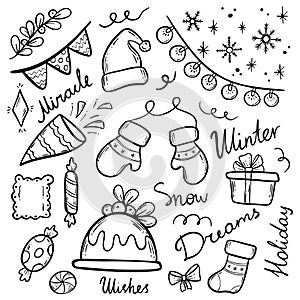 Hand drawn set of winter Christmas doodles. Vector simple new year illustrations. Set of neew year holiday elements