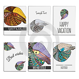 Hand drawn set zentangle colored nautilus for cards background templates. Concept for sea life aquariums, marine centers, diving.