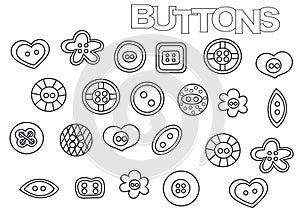 Hand drawn sewing buttons set. Coloring book page template.