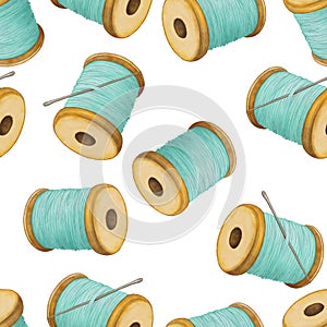 Hand drawn sewing kit, blue pattern