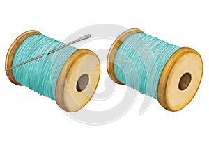 Hand drawn sewing kit, blue threads