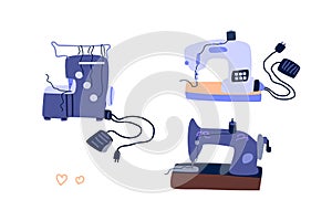 Hand drawn sewing machine and overlocker icons isolated set