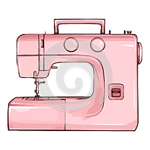 Hand drawn sewing machine retro sketch for your design. Modern illustration of a sewing machine on a white background. Pink sewing