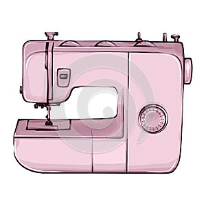 Hand-drawn sewing machine retro sketch for your design. A modern illustration of a sewing machine on a white background. Purple
