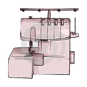Hand-drawn sewing overlock retro sketch for your design. A modern illustration of a sewing machine on a white background. Purple
