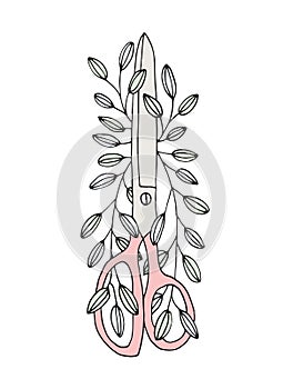 Hand Drawn Sewing Vector Shears Scissors Floral