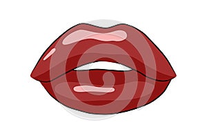 Hand drawn Sexy female lips with red glossy lipstick. Woman Mouth sketch