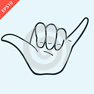 Hand drawn Shaka hand sign gesture design vector isolated illustration