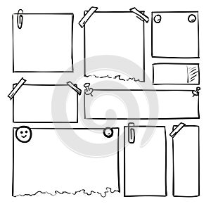 Hand drawn sheets of paper. Cartoon vector square and round borders. Pencil effect shapes .