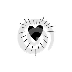 Hand drawn shining black heart isolated on white background. Vector stock illustration. Celestial concept