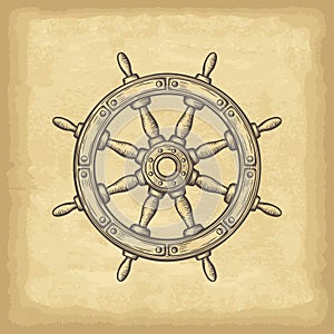 Hand drawn ship wheel. Old paper texture background. Template for your design works.