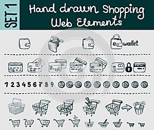 Hand drawn shopping and e-commerce elements set