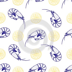 Hand drawn shrimps and lemon seamless pattern