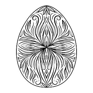 Hand drawn silhouette of Easter ornamental egg with pattern, curls, flowers, leaves. Decorative Easter holiday, floral spring egg